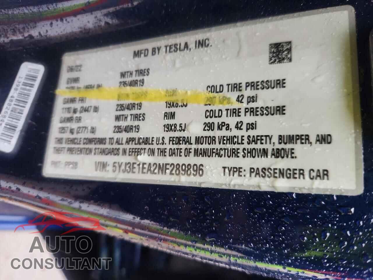 TESLA MODEL 3 2022 - 5YJ3E1EA2NF289896