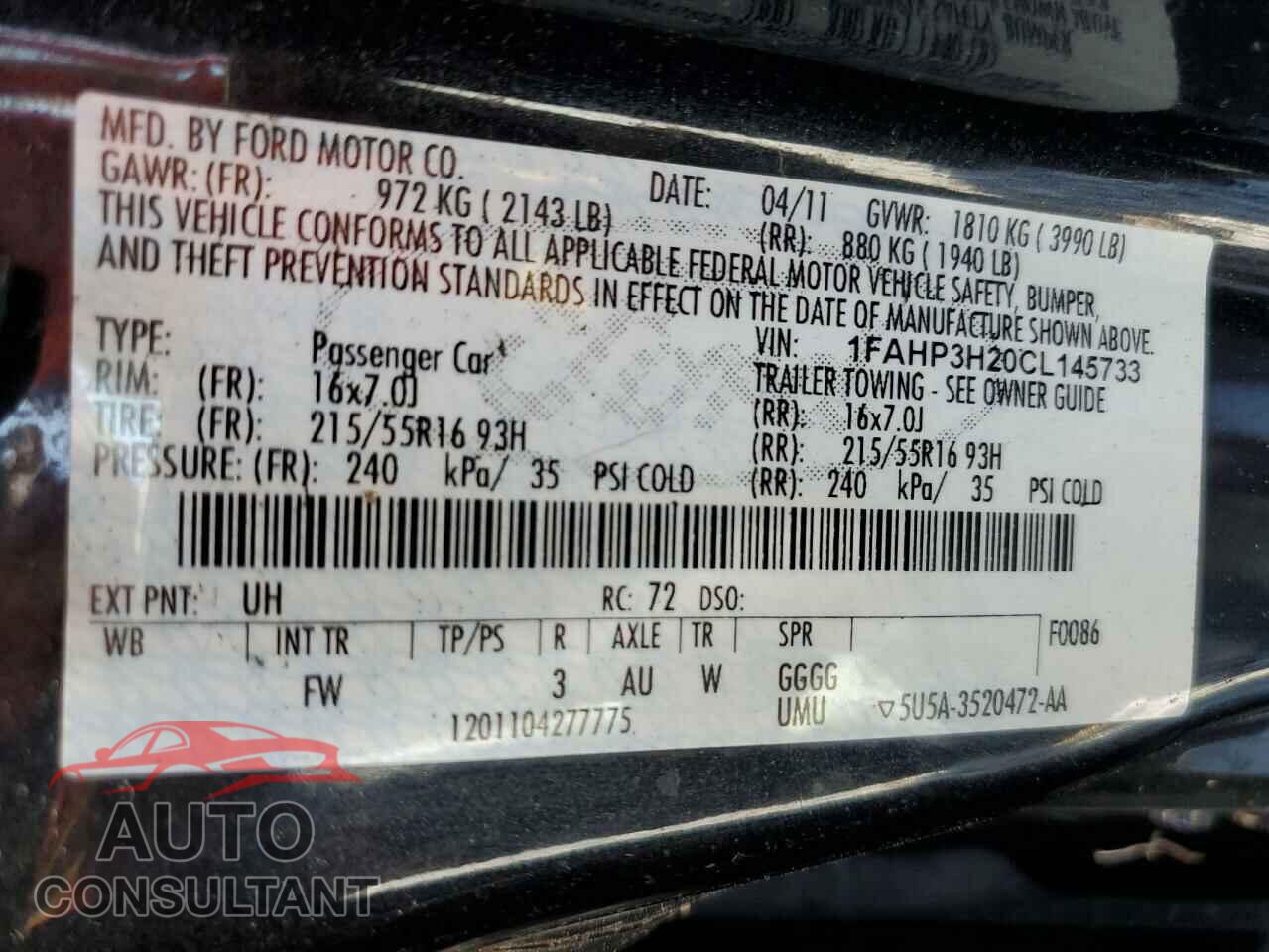 FORD FOCUS 2012 - 1FAHP3H20CL145733