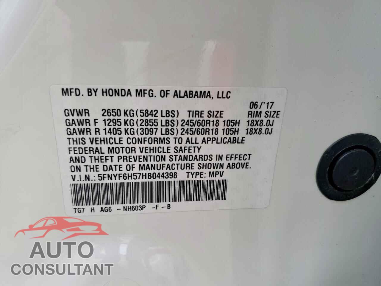 HONDA PILOT 2017 - 5FNYF6H57HB044398