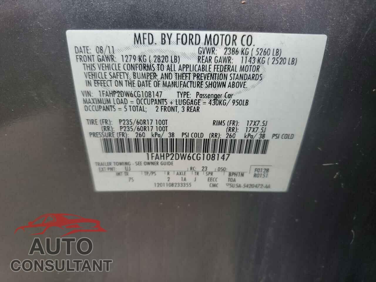 FORD TAURUS 2012 - 1FAHP2DW6CG108147