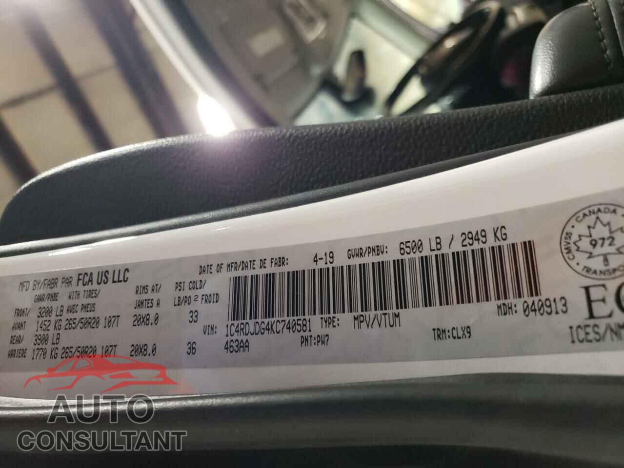 DODGE DURANGO 2019 - 1C4RDJDG4KC740581