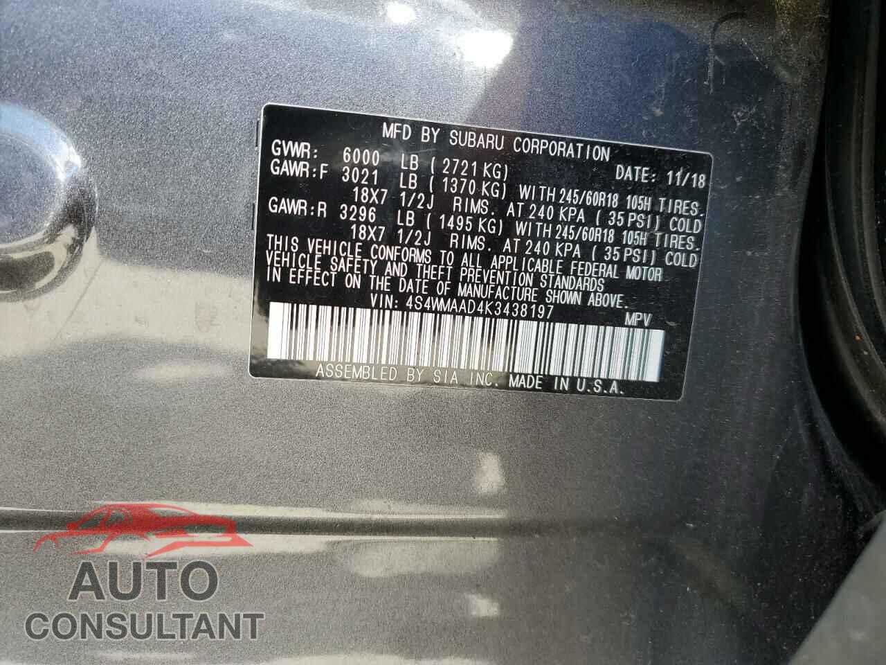 SUBARU ASCENT 2019 - 4S4WMAAD4K3438197
