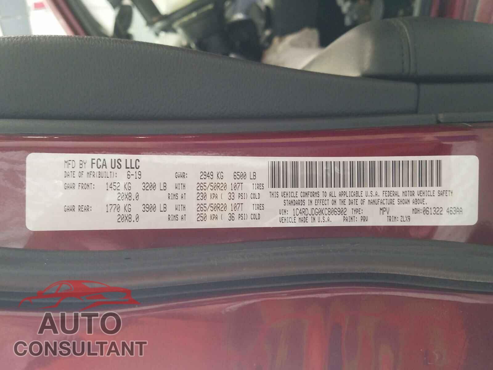 DODGE DURANGO 2019 - 1C4RDJDG0KC806902