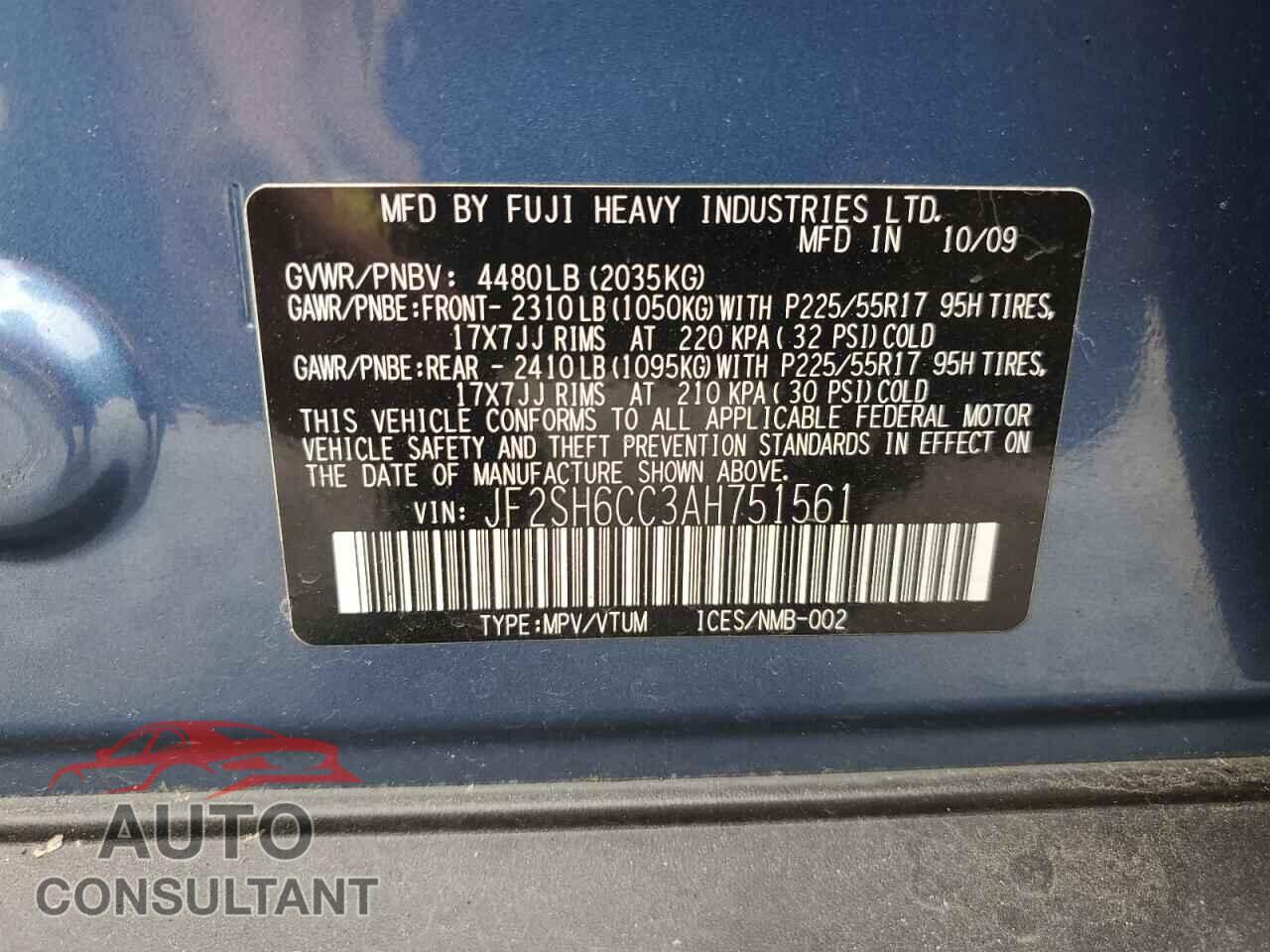 SUBARU FORESTER 2010 - JF2SH6CC3AH751561