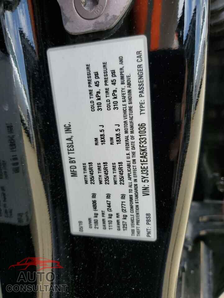 TESLA MODEL 3 2019 - 5YJ3E1EA5KF331036