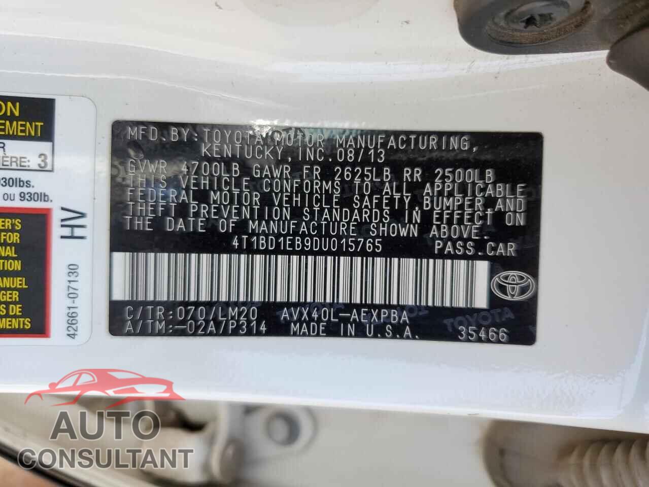TOYOTA AVALON 2013 - 4T1BD1EB9DU015765