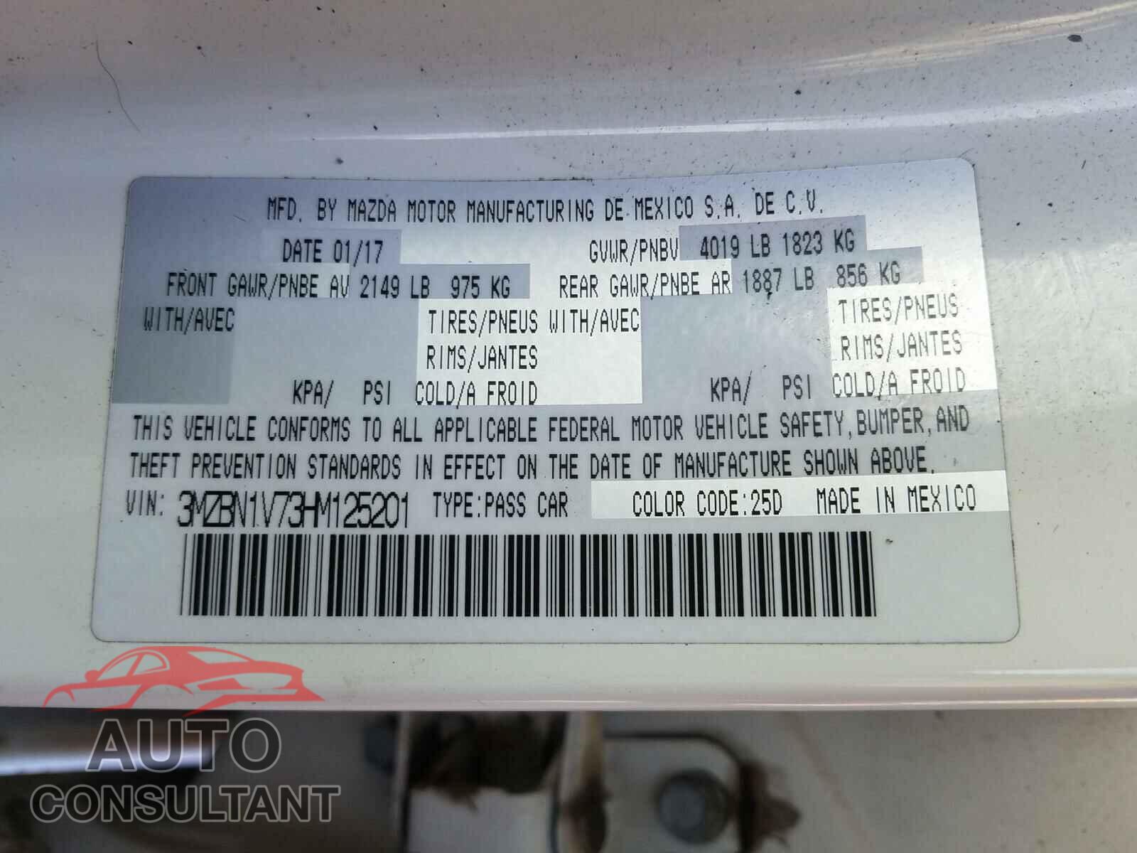 MAZDA 3 2017 - 3MZBN1V73HM125201