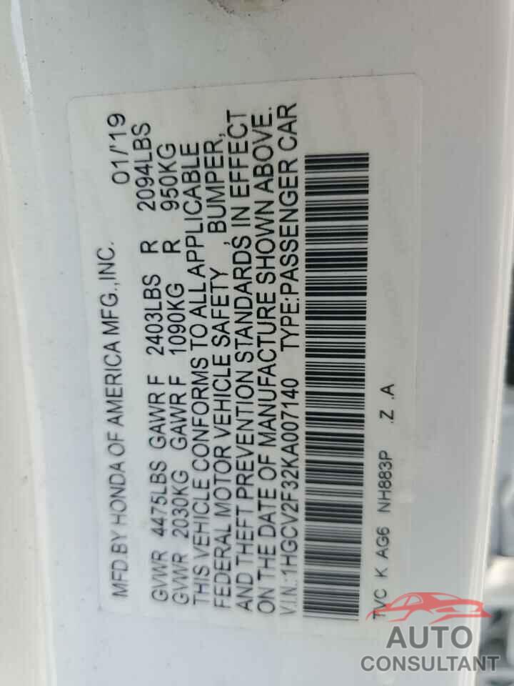 HONDA ACCORD 2019 - 1HGCV2F32KA007140