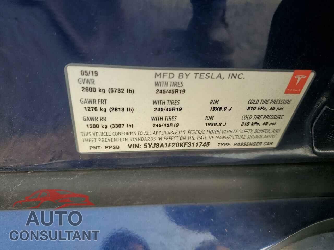 TESLA MODEL S 2019 - 5YJSA1E20KF311745