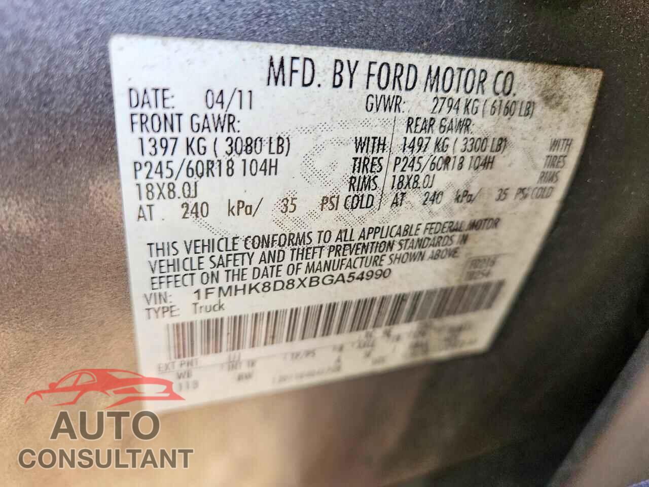 FORD EXPLORER 2011 - 1FMHK8D8XBGA54990