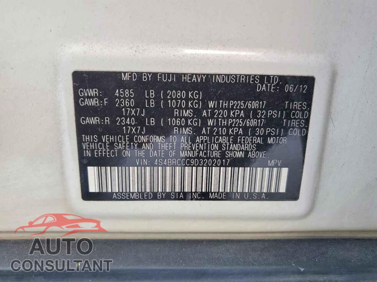 SUBARU OUTBACK 2013 - 4S4BRCCC9D3202017