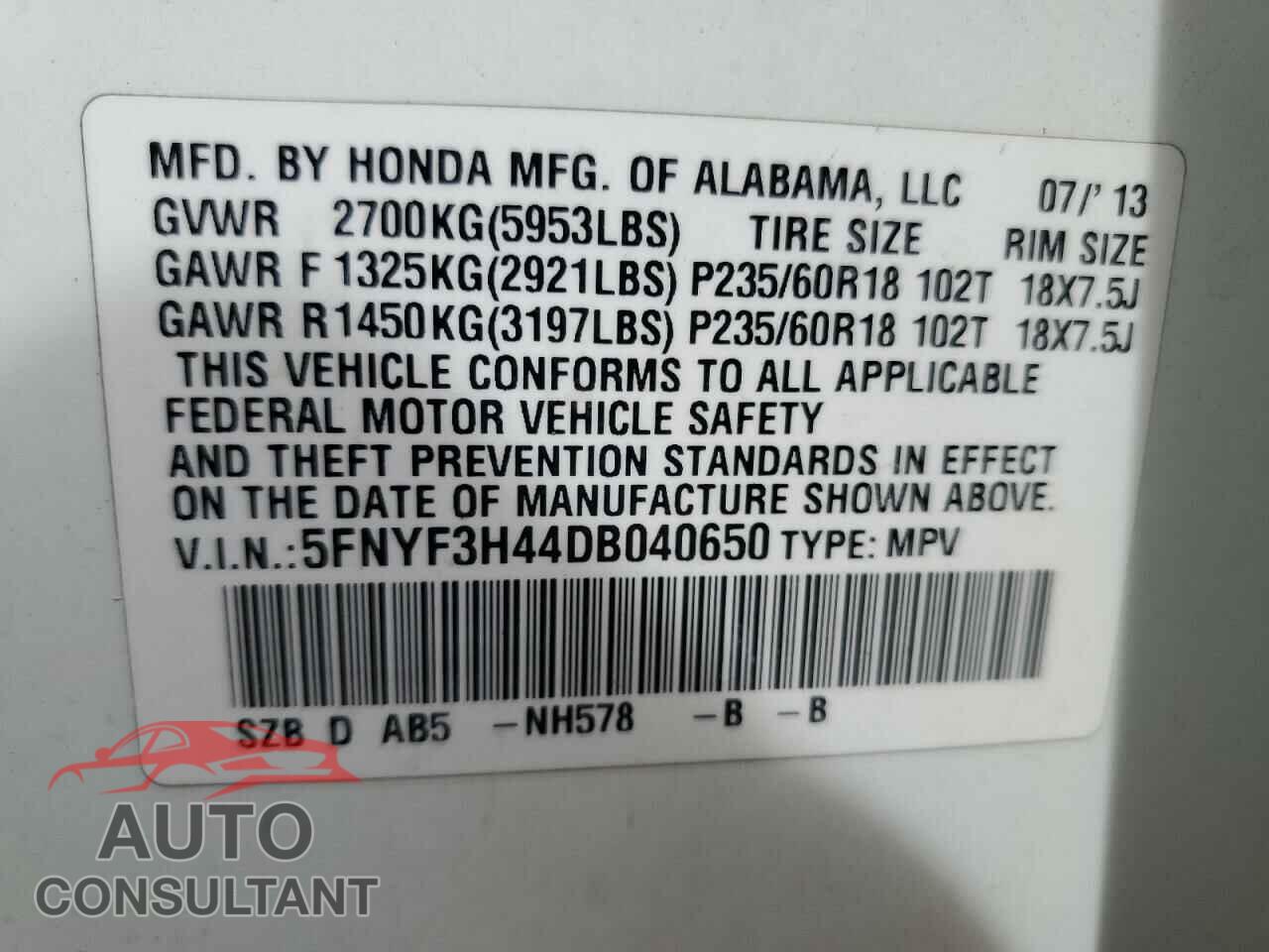 HONDA PILOT 2013 - 5FNYF3H44DB040650
