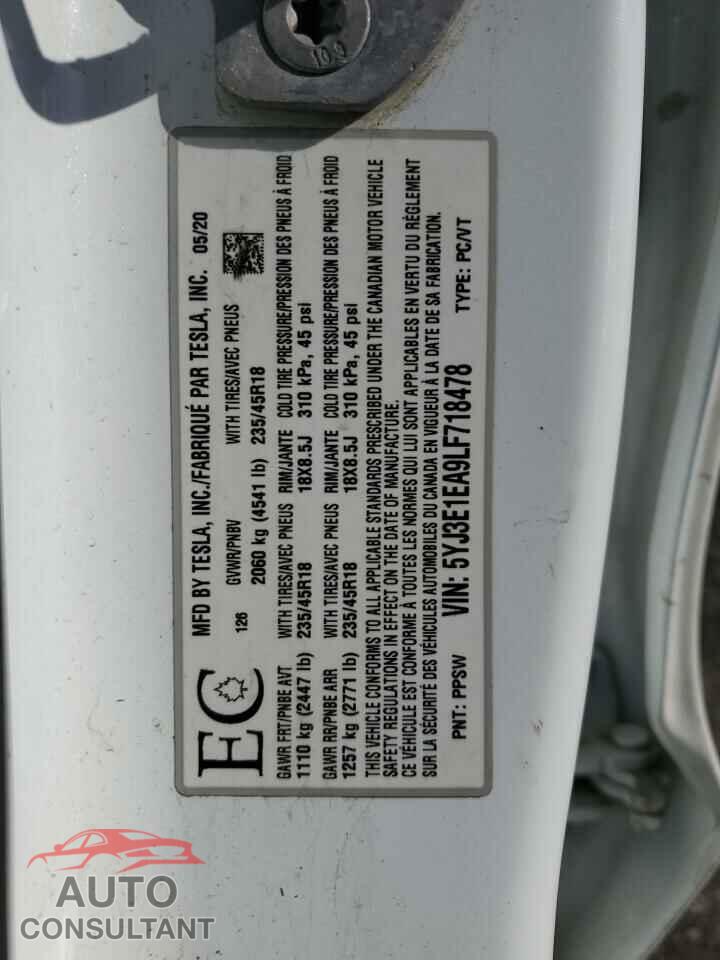 TESLA MODEL 3 2020 - 5YJ3E1EA9LF718478