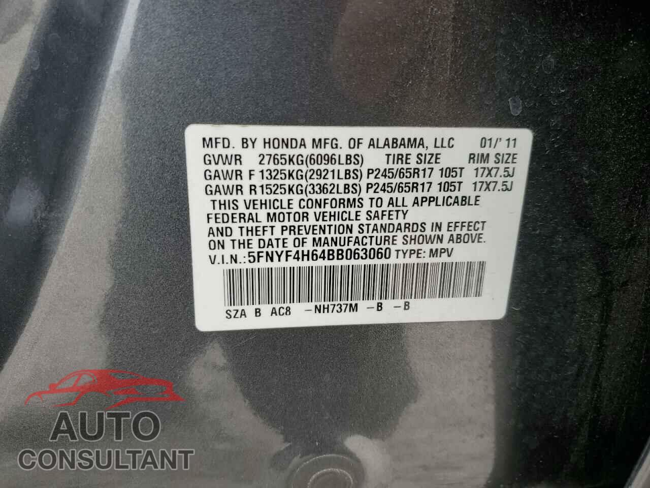 HONDA PILOT 2011 - 5FNYF4H64BB063060