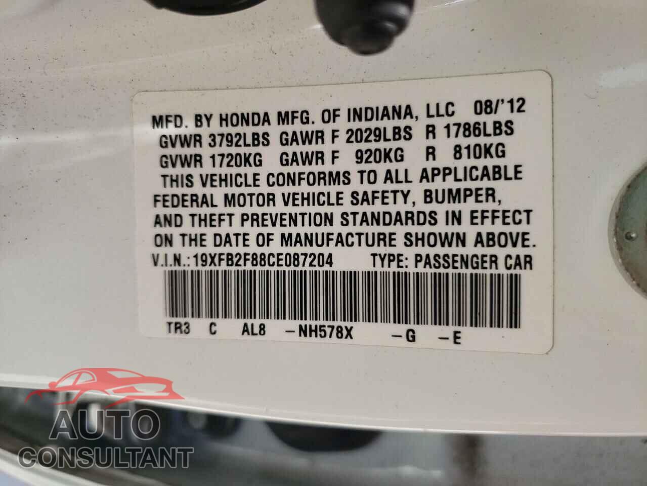 HONDA CIVIC 2012 - 19XFB2F88CE087204