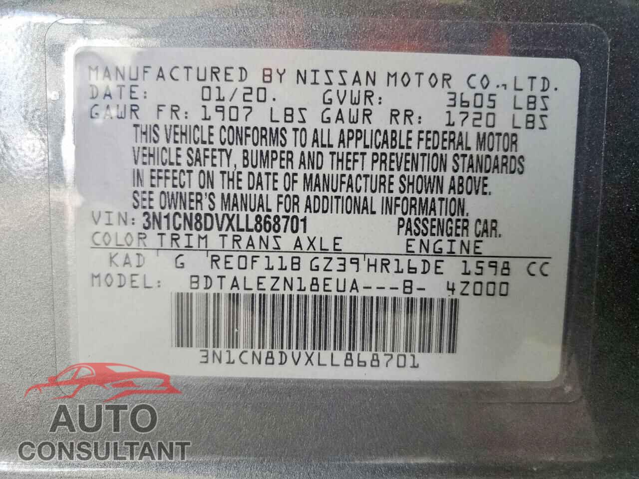NISSAN VERSA 2020 - 3N1CN8DVXLL868701