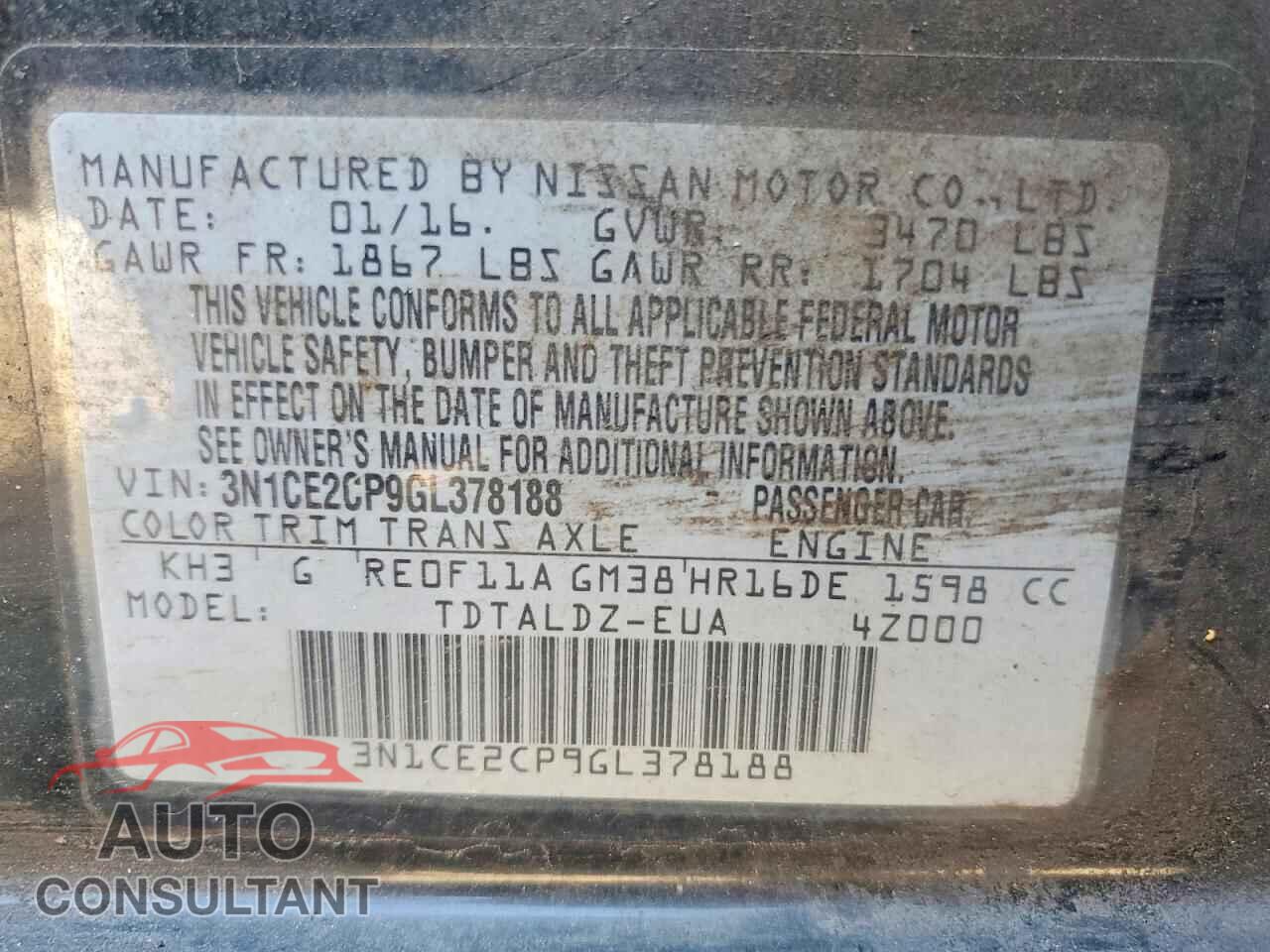 NISSAN VERSA 2016 - 3N1CE2CP9GL378188