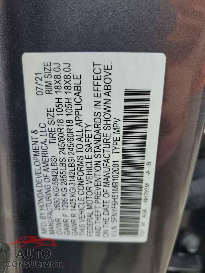 HONDA PILOT 2021 - 5FNYF6H51MB102001