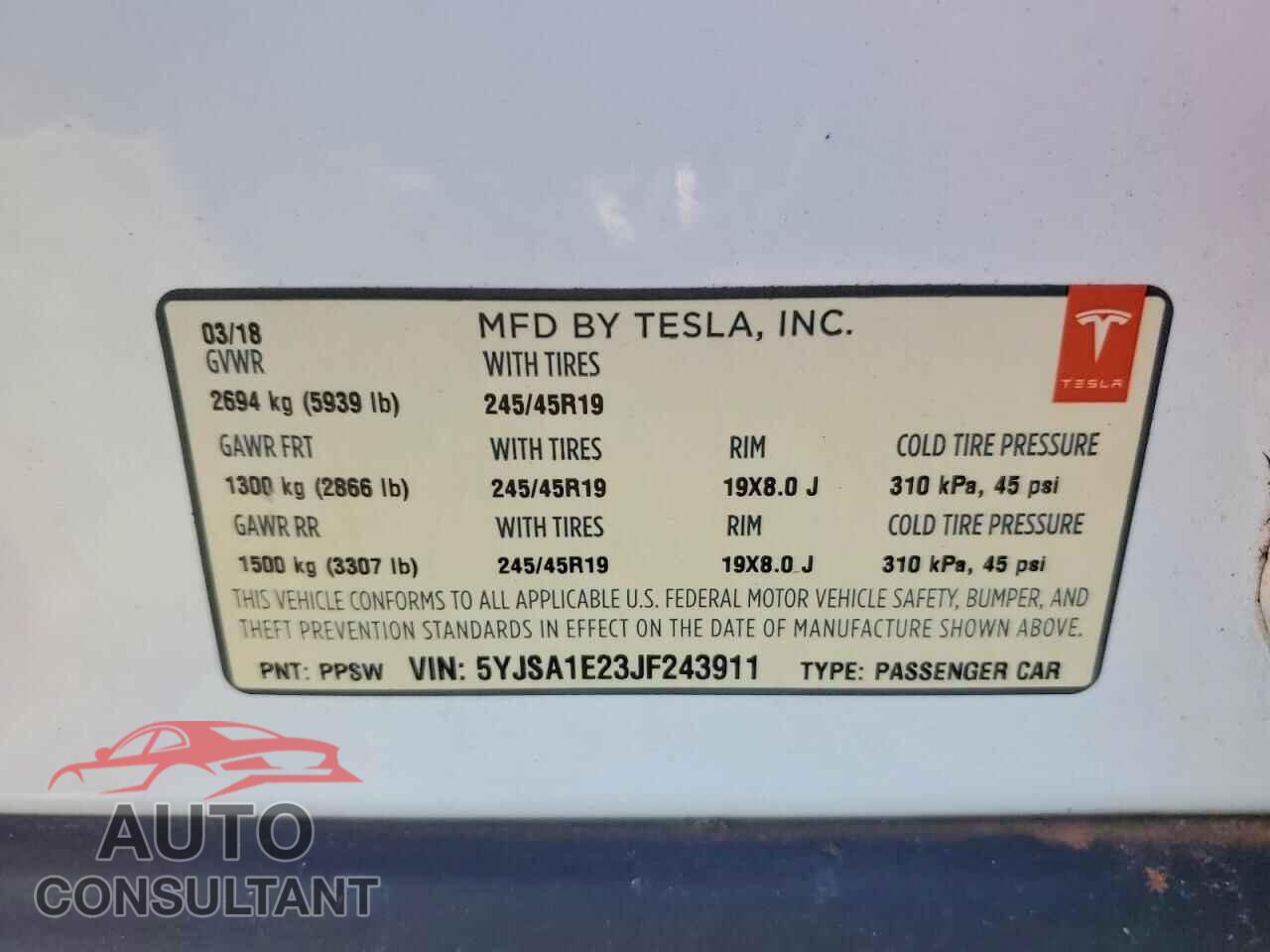 TESLA MODEL S 2018 - 5YJSA1E23JF243911