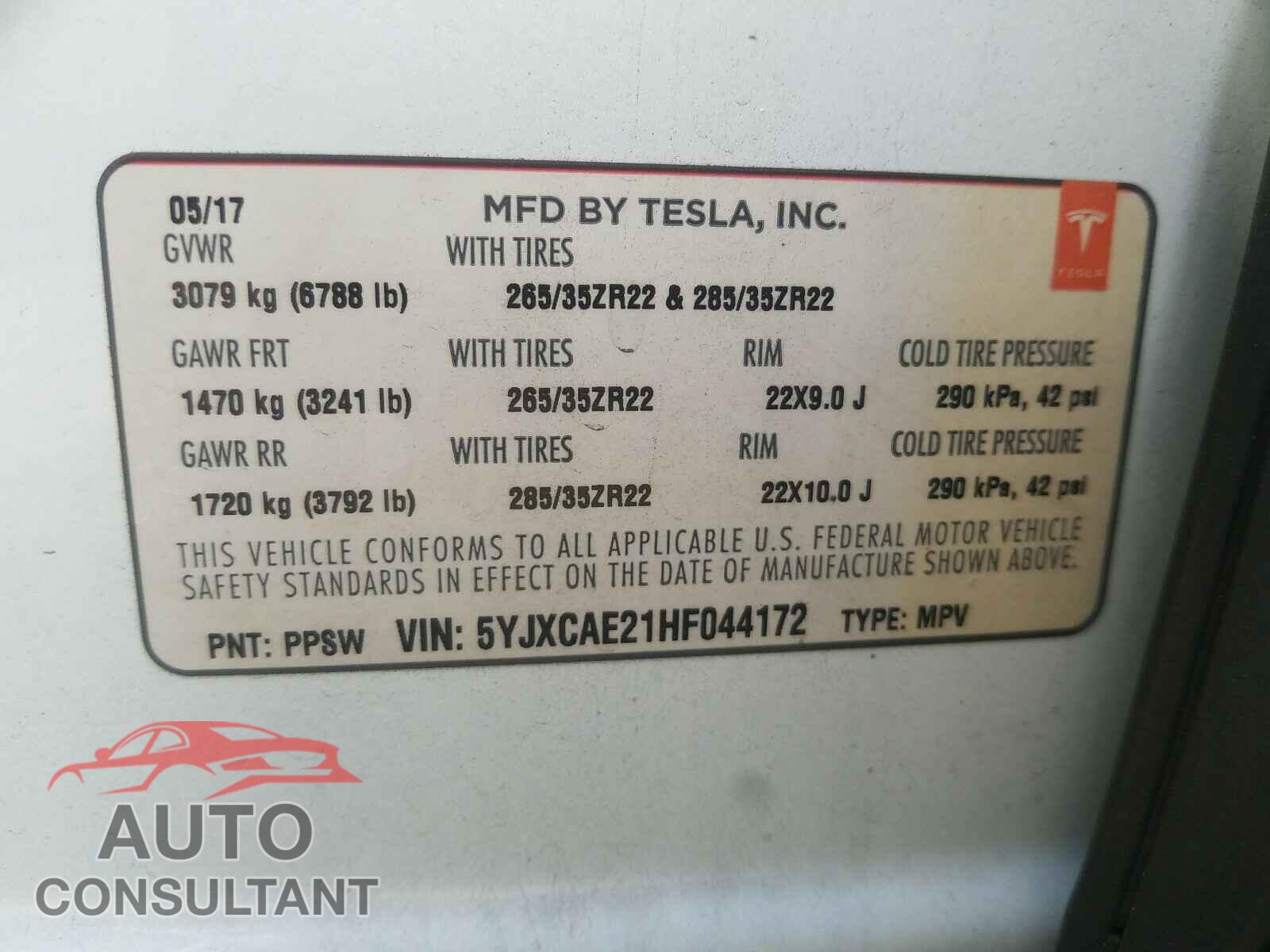 TESLA MODEL X 2017 - 5YJXCAE21HF044172