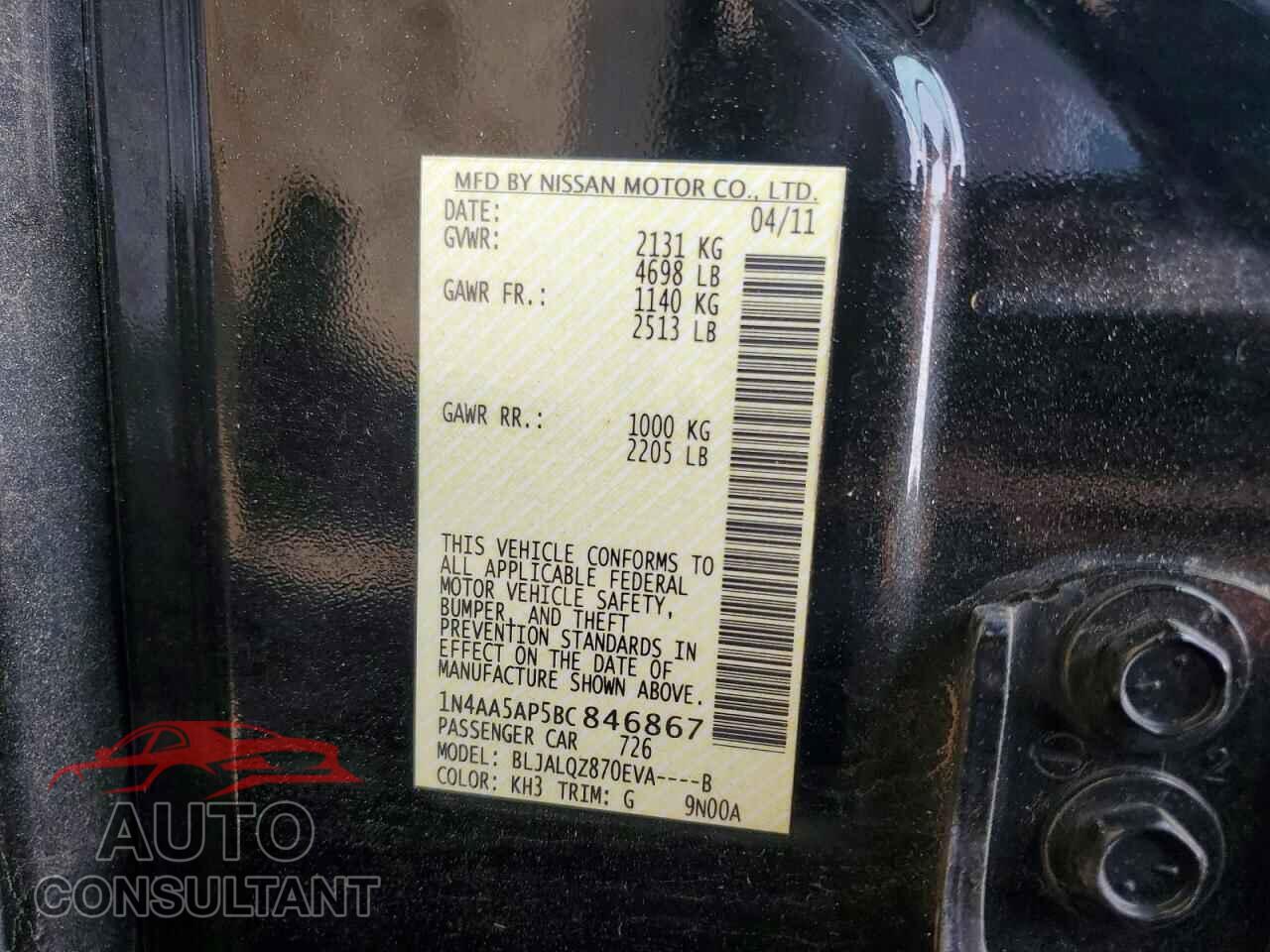 NISSAN MAXIMA 2011 - 1N4AA5AP5BC846867