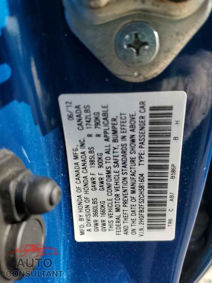HONDA CIVIC 2012 - 2HGFB2F52CH581604