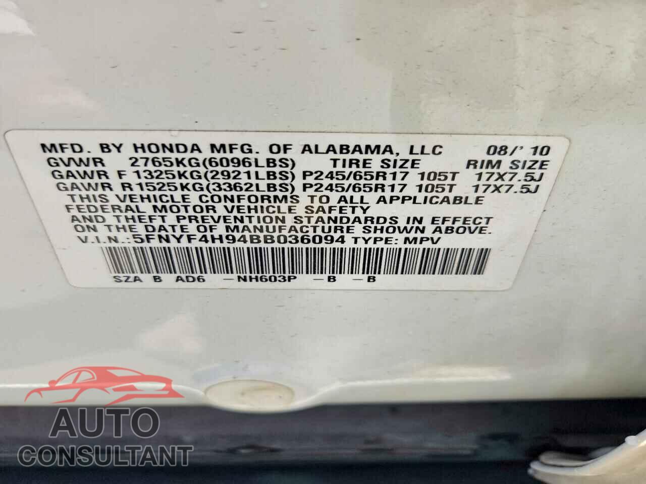 HONDA PILOT 2011 - 5FNYF4H94BB036094
