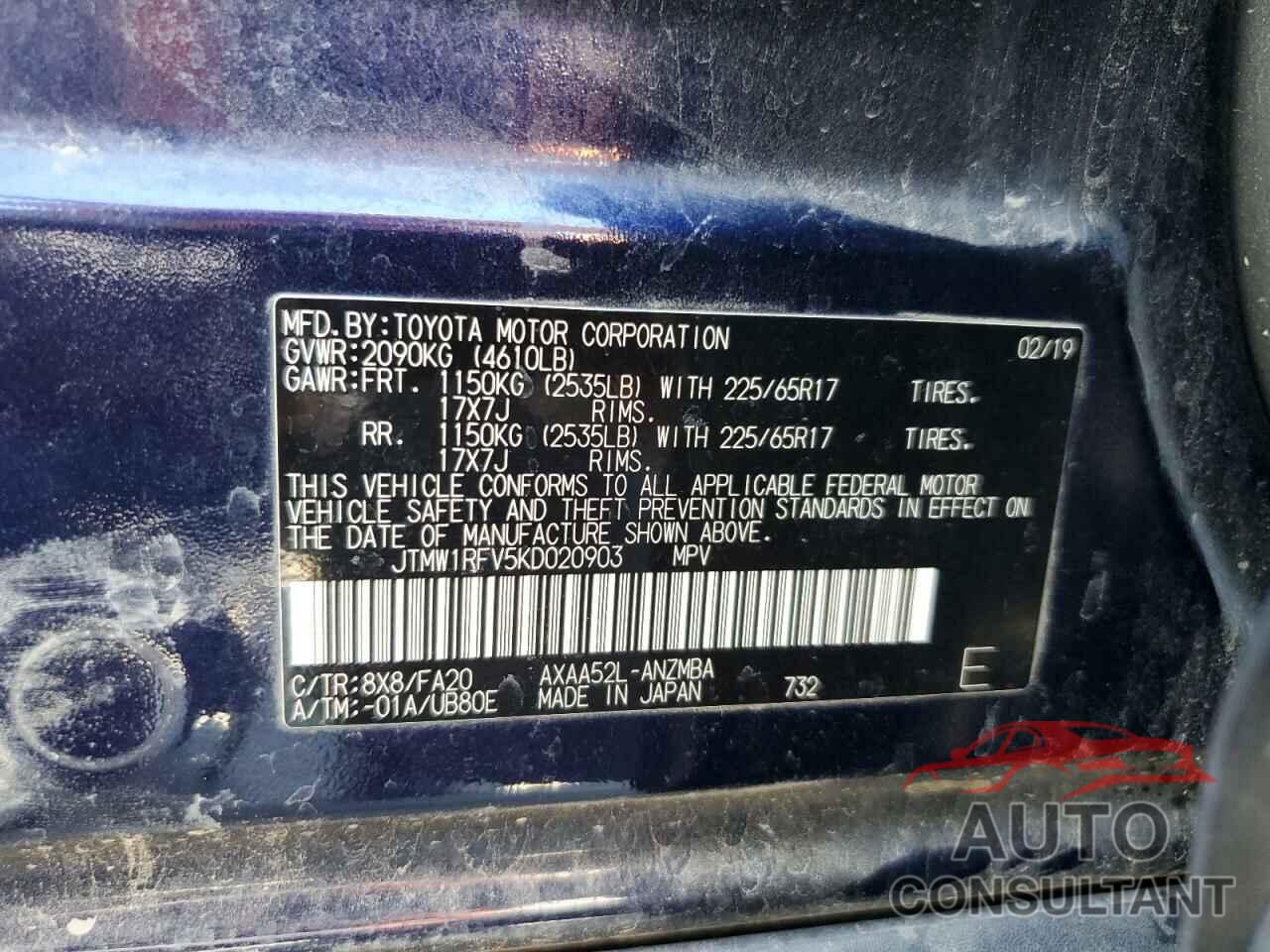 TOYOTA RAV4 2019 - JTMW1RFV5KD020903