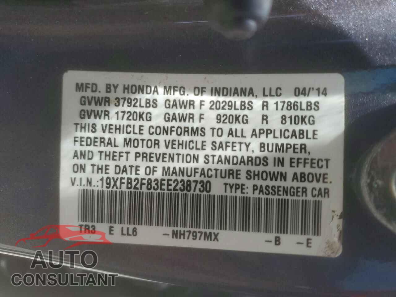 HONDA CIVIC 2014 - 19XFB2F83EE238730