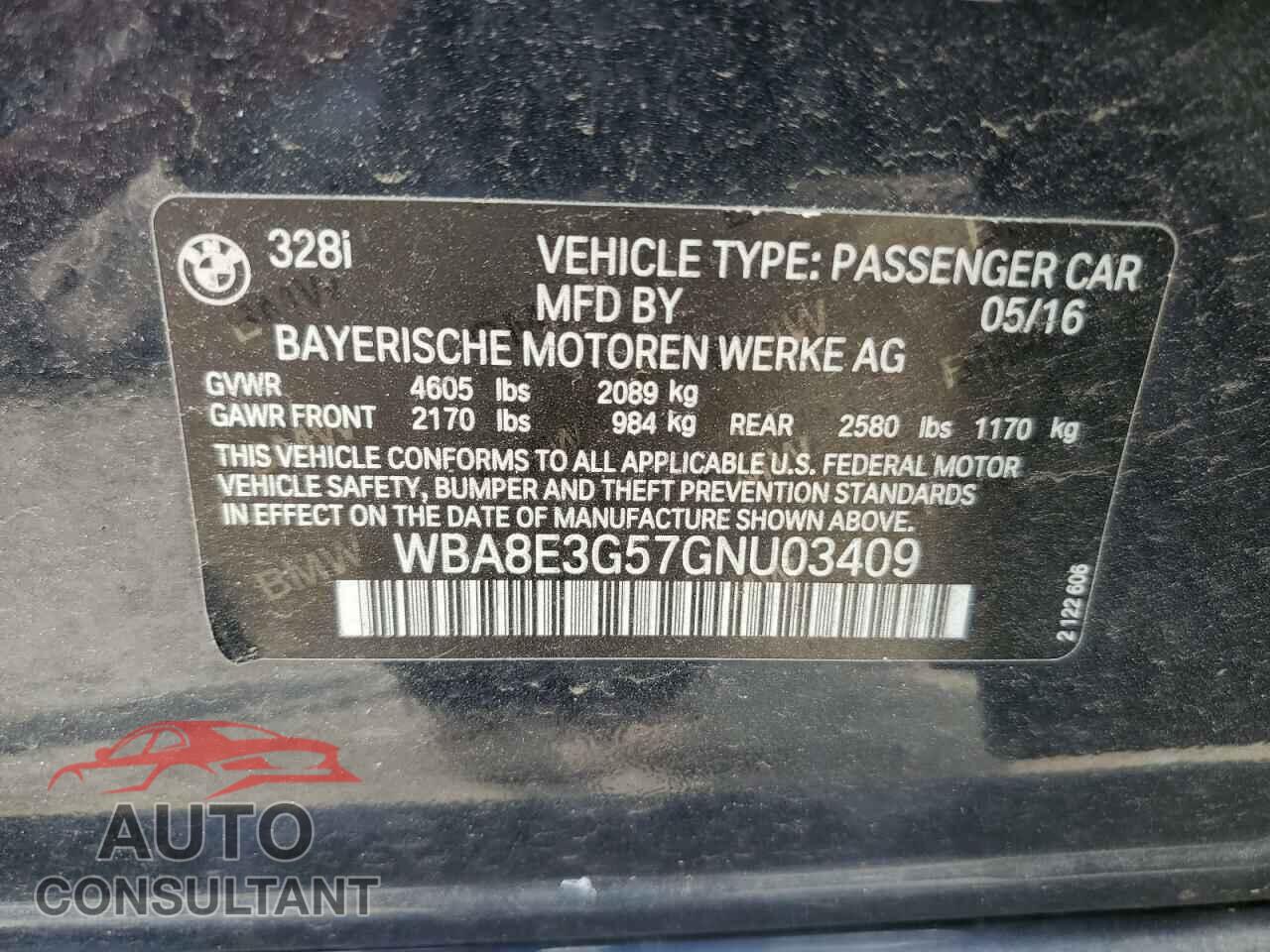 BMW 3 SERIES 2016 - WBA8E3G57GNU03409
