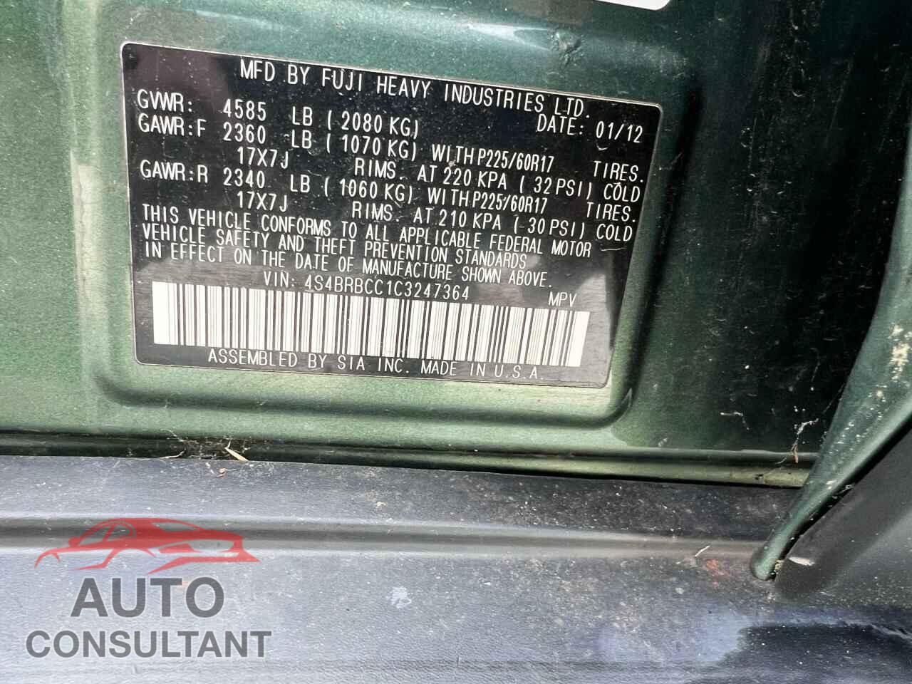 SUBARU OUTBACK 2012 - 4S4BRBCC1C3247364
