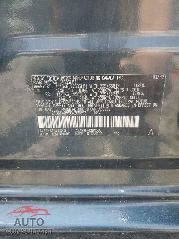 TOYOTA RAV4 2012 - 2T3BF4DV5CW205897