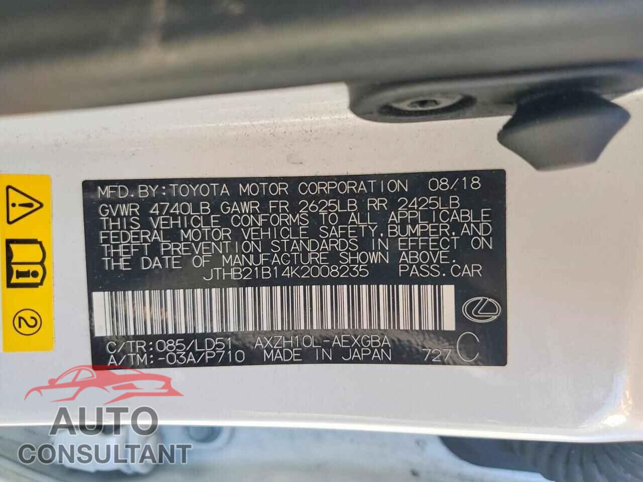 LEXUS ES300 2019 - JTHB21B14K2008235