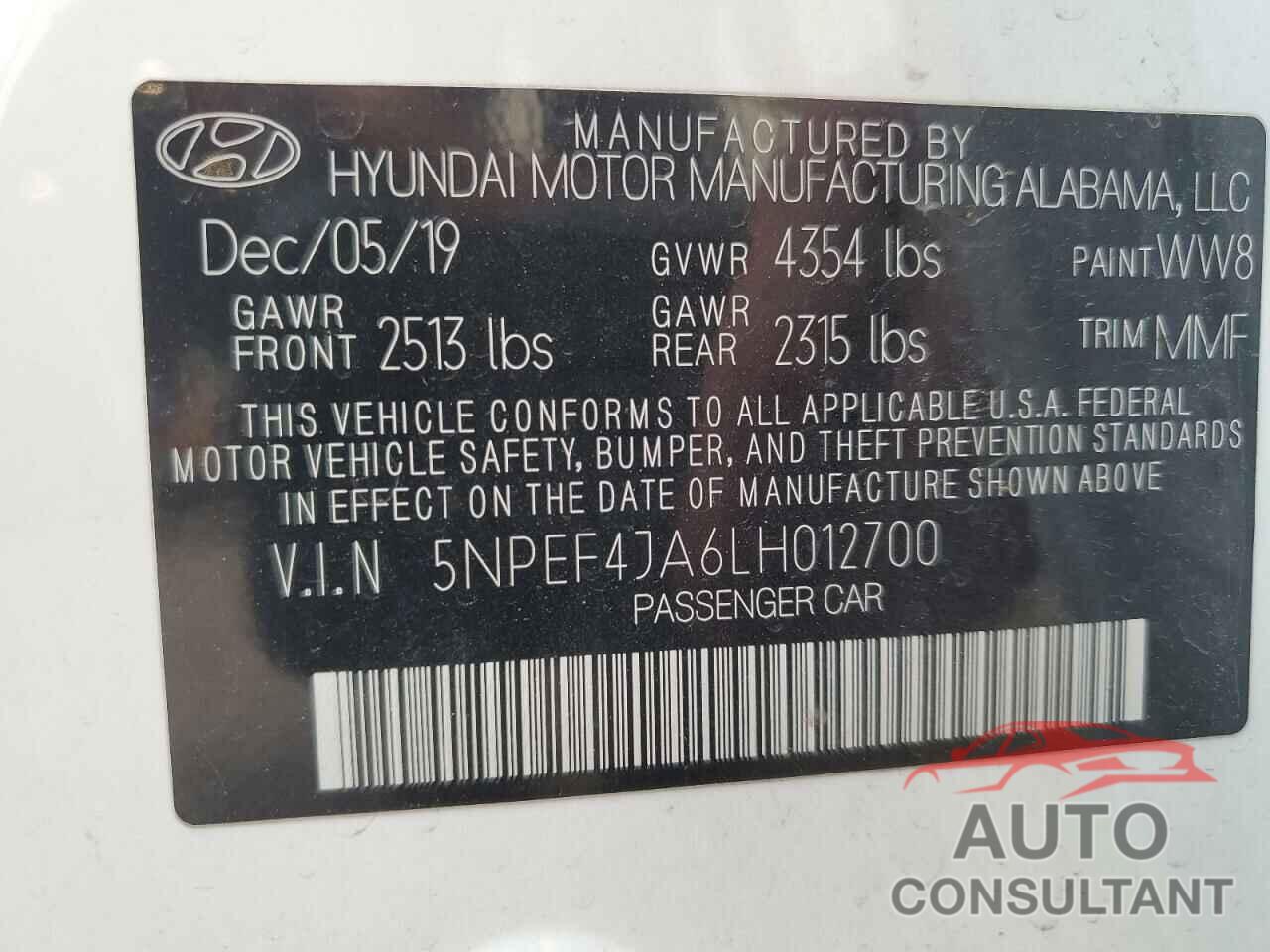 HYUNDAI SONATA 2020 - 5NPEF4JA6LH012700