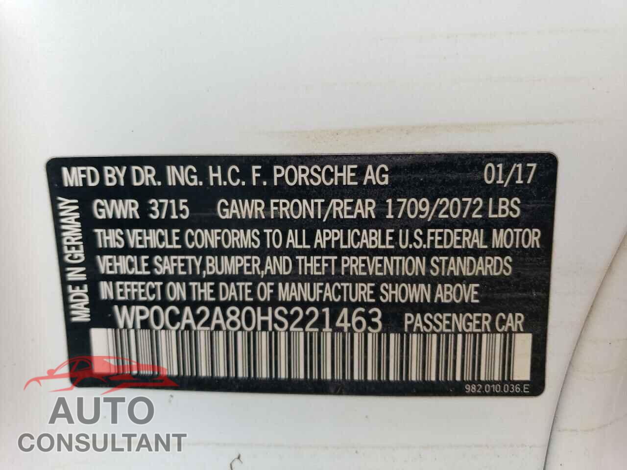 PORSCHE BOXSTER 2017 - WP0CA2A80HS221463