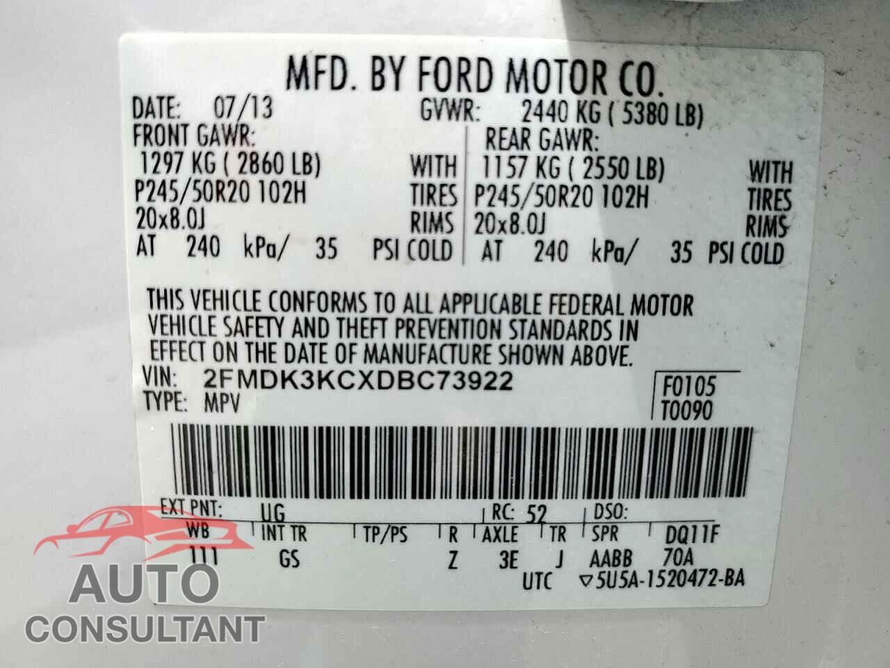 FORD EDGE 2013 - 2FMDK3KCXDBC73922
