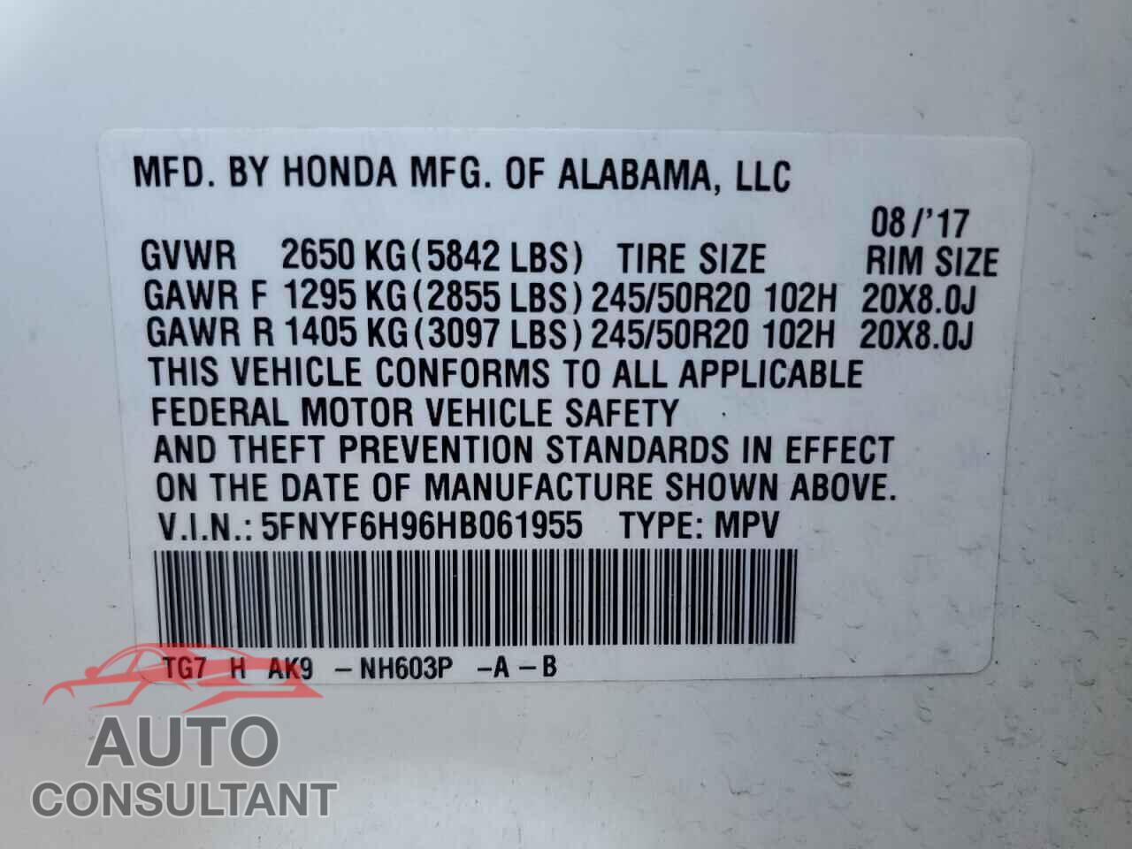 HONDA PILOT 2017 - 5FNYF6H96HB061955