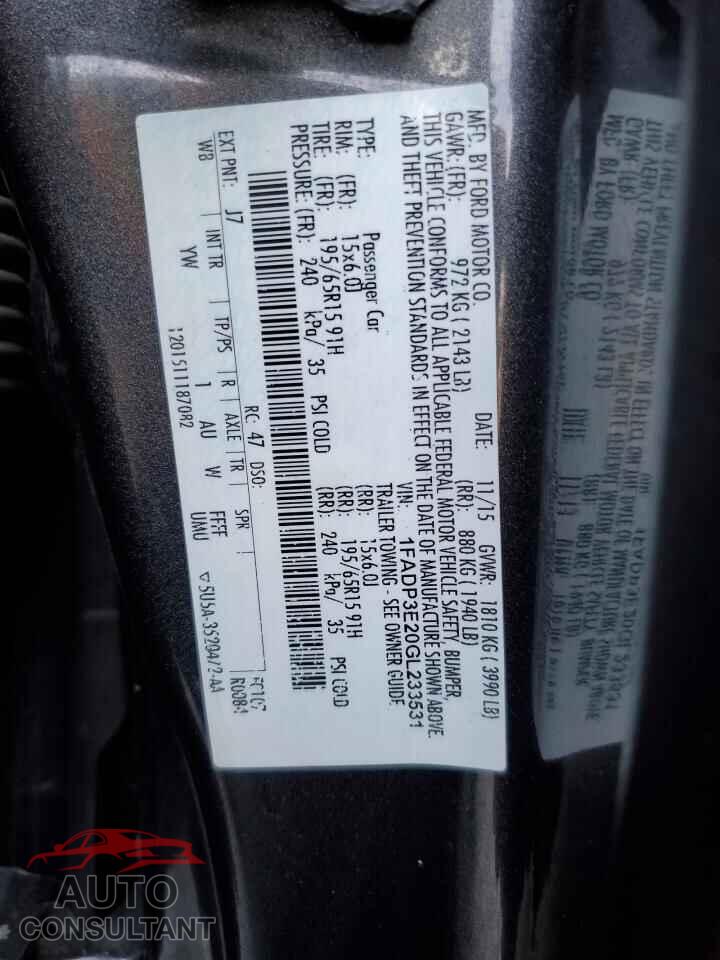 FORD FOCUS 2016 - 1FADP3E20GL233531