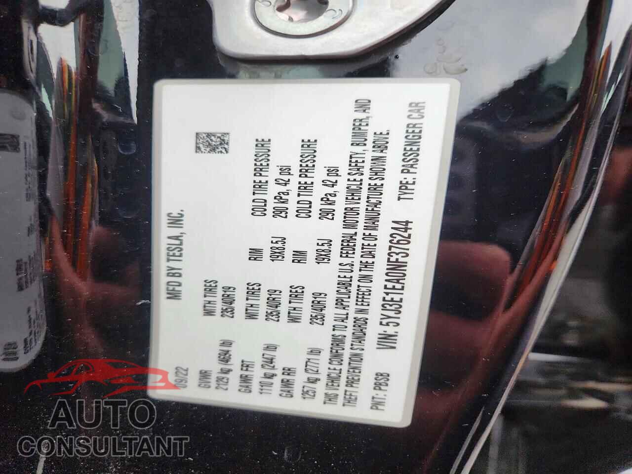 TESLA MODEL 3 2022 - 5YJ3E1EA0NF376244