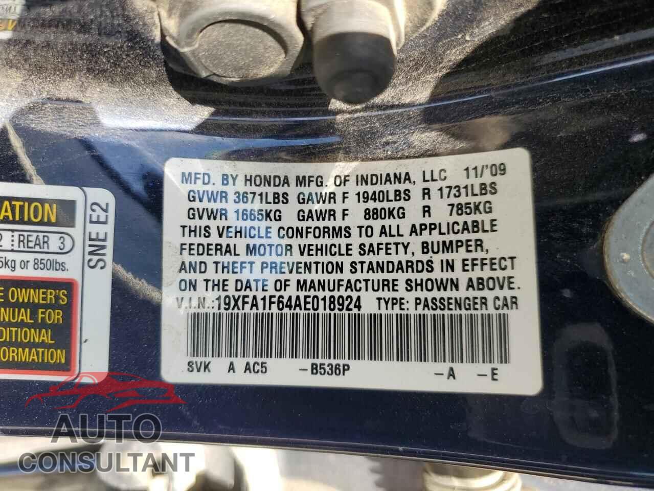 HONDA CIVIC 2010 - 19XFA1F64AE018924