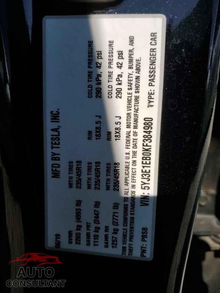 TESLA MODEL 3 2019 - 5YJ3E1EB0KF384980