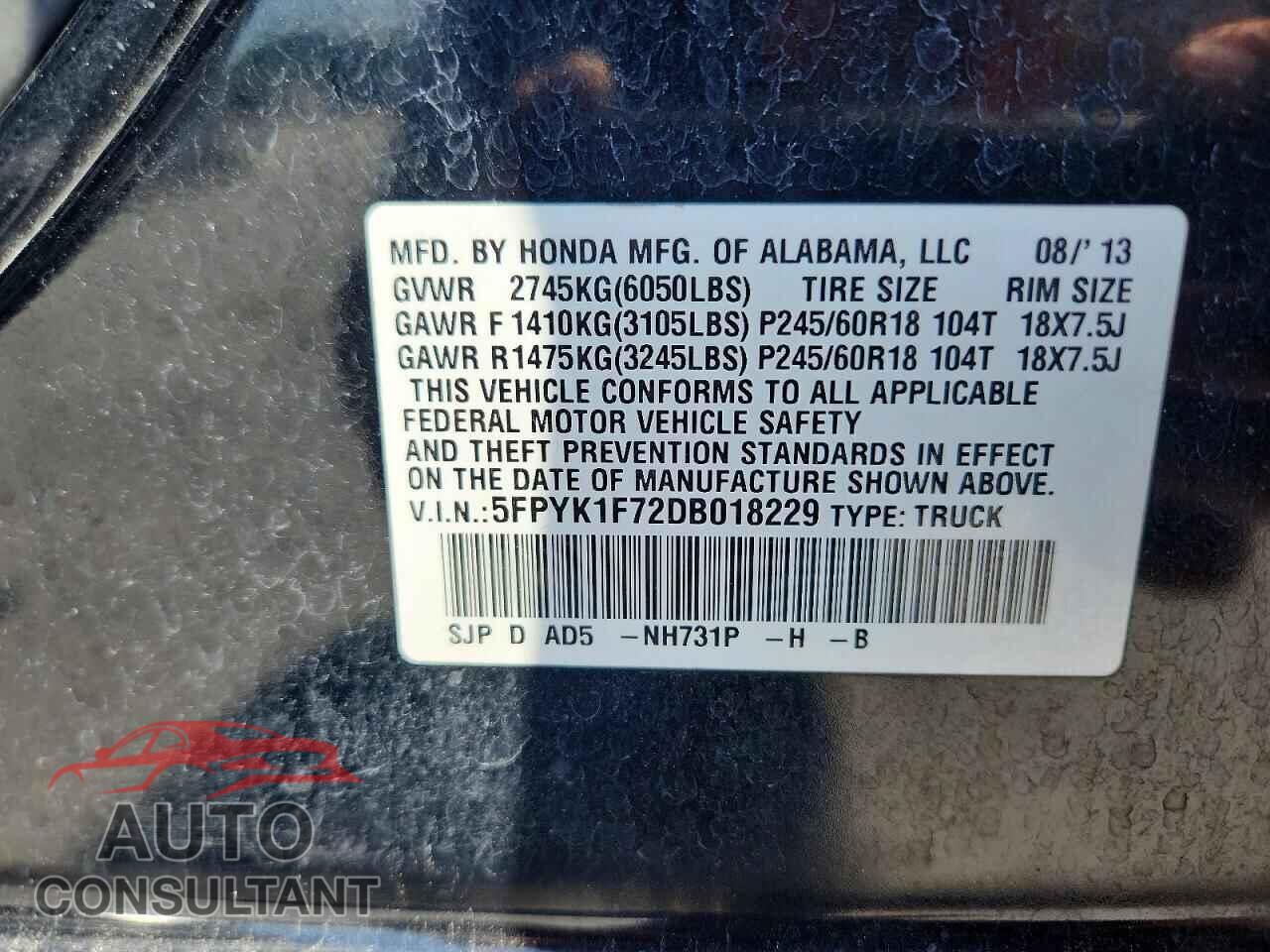 HONDA RIDGELINE 2013 - 5FPYK1F72DB018229