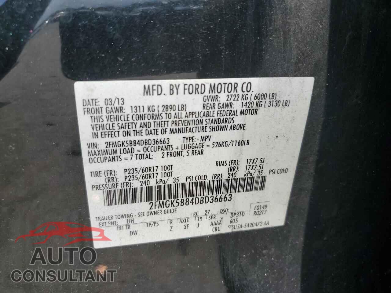 FORD FLEX 2013 - 2FMGK5B84DBD36663