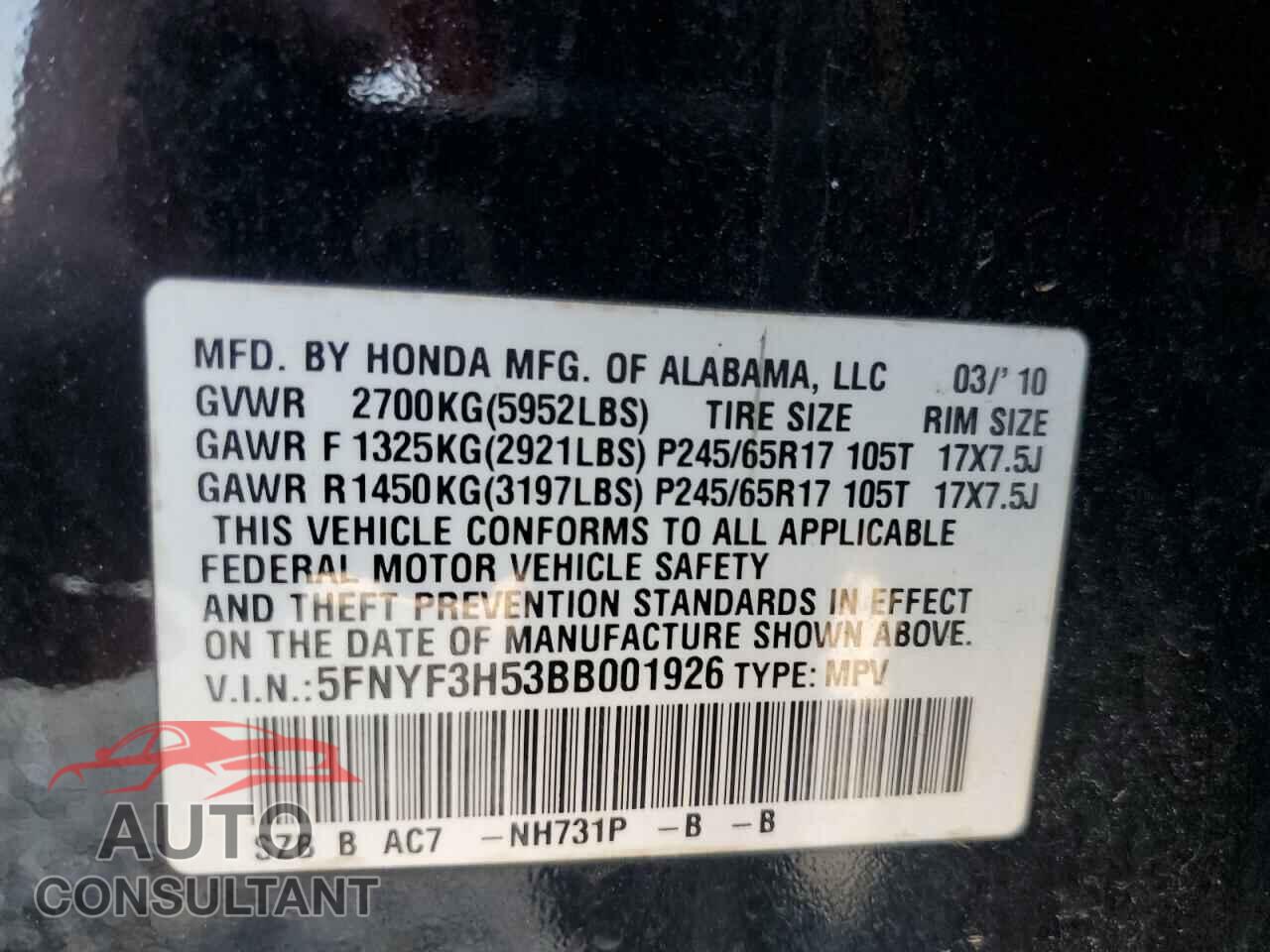 HONDA PILOT 2011 - 5FNYF3H53BB001926
