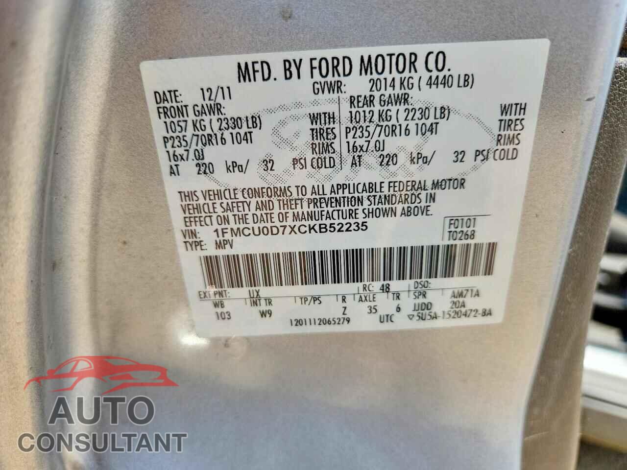 FORD ESCAPE 2012 - 1FMCU0D7XCKB52235
