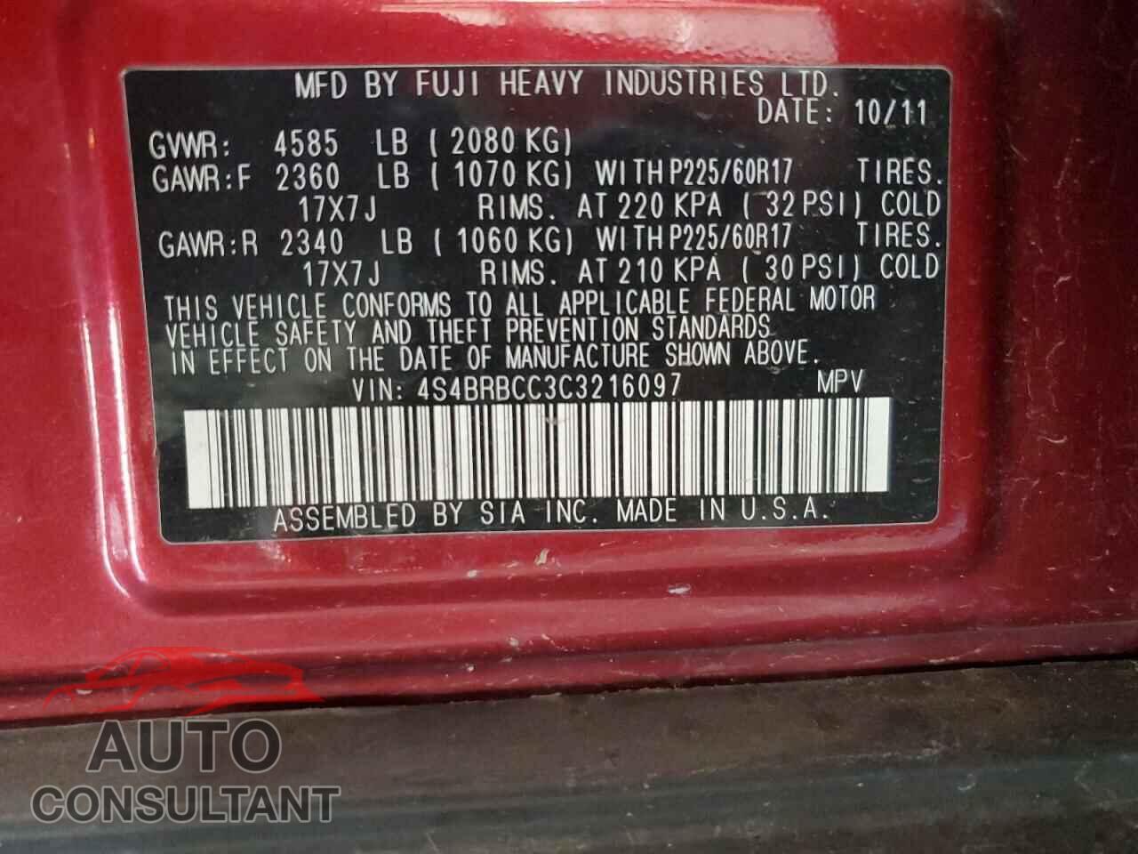 SUBARU OUTBACK 2012 - 4S4BRBCC3C3216097