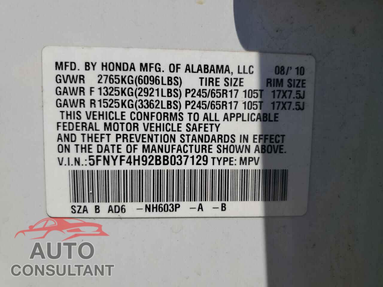 HONDA PILOT 2011 - 5FNYF4H92BB037129