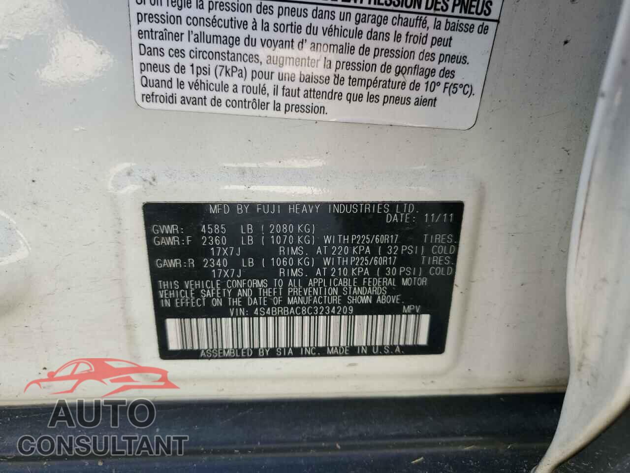 SUBARU OUTBACK 2012 - 4S4BRBAC8C3234209