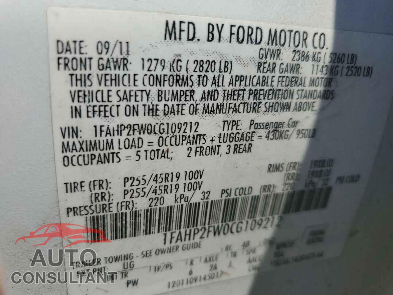 FORD TAURUS 2012 - 1FAHP2FW0CG109212