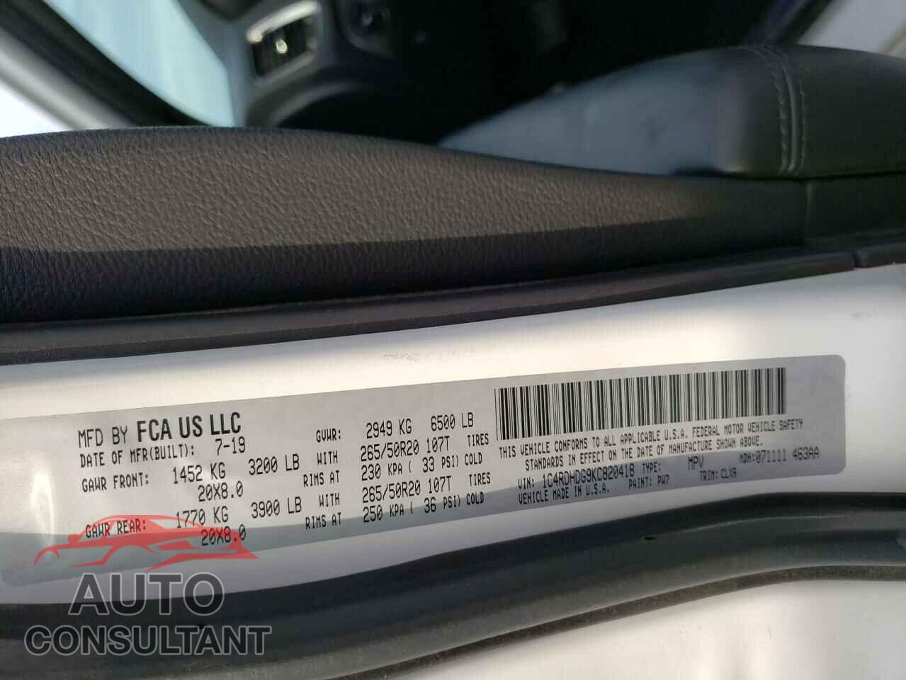 DODGE DURANGO 2019 - 1C4RDHDG9KC820418